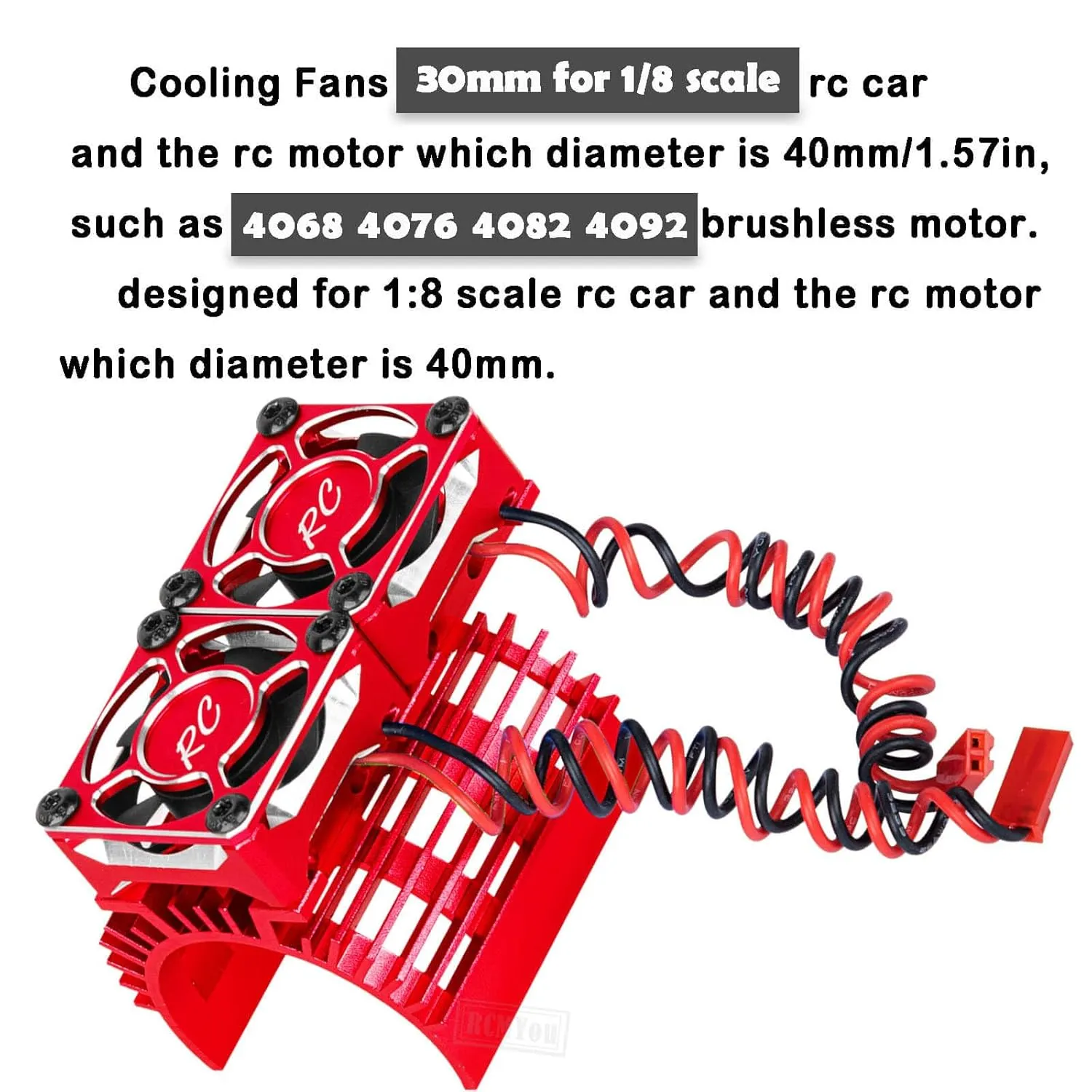 RCM You Cooling Fans 30mm 27000rpm Brushless Motor with Metal Heatsink for 1/8 RC Car, 40mm, 42mm, Red