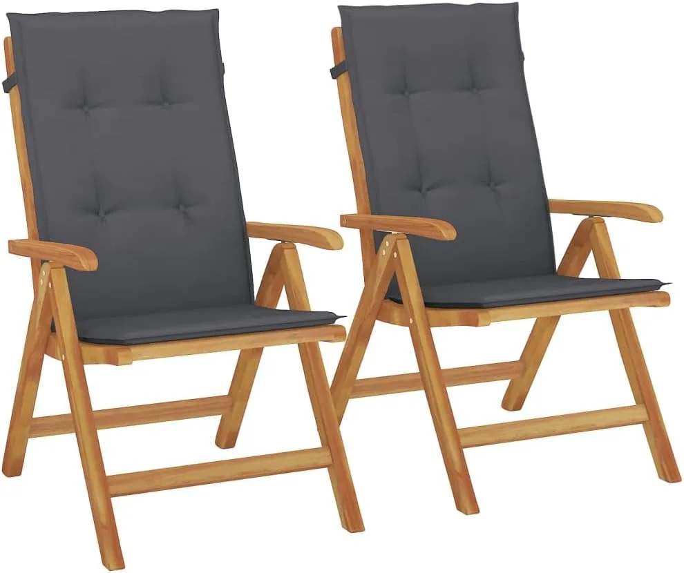 Reclining Patio Chairs with Cushions 2-Piece Set Solid Teak Wood Adjustable Foldable Outdoor Lounge Chairs for Poolside, Garden, Backyard
