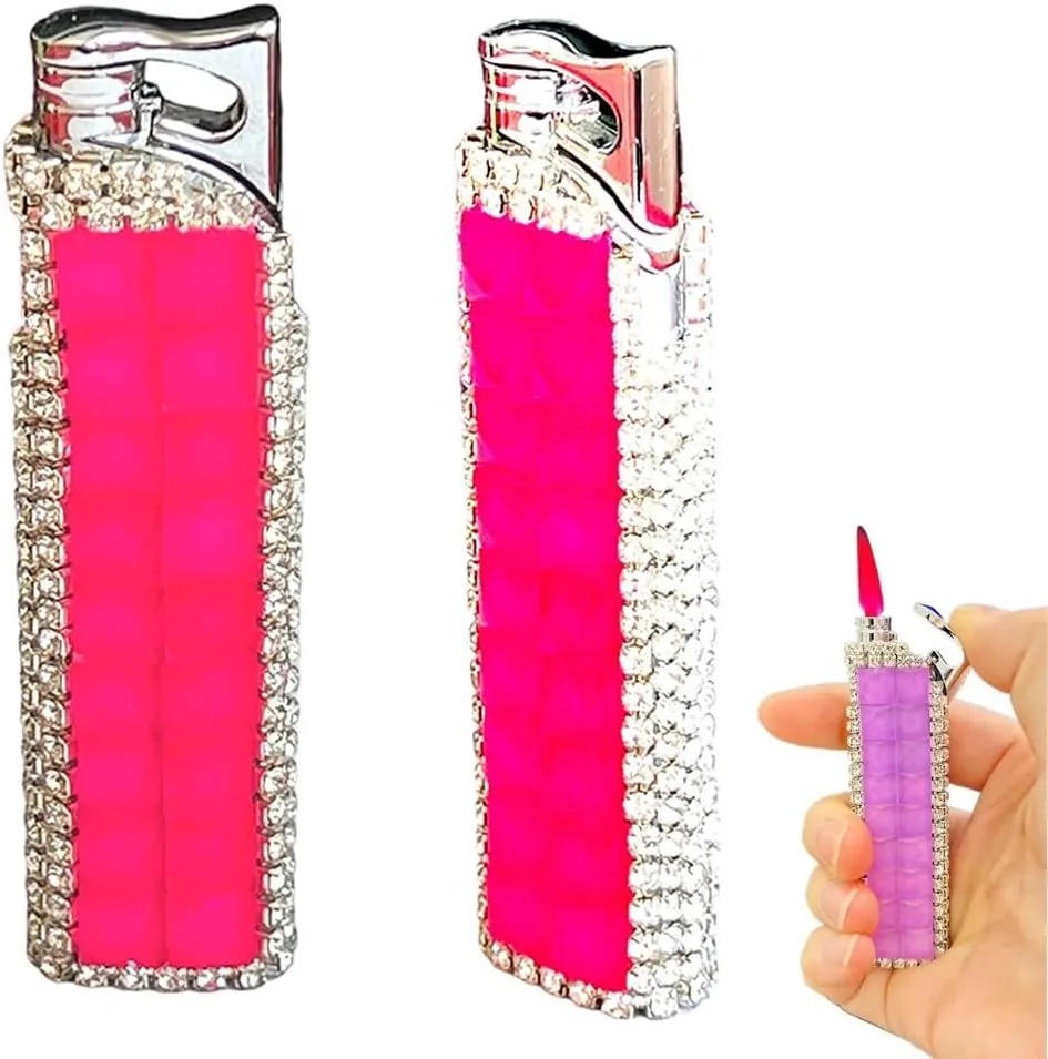 Red Flame Rhinestone Flash Lighter, Windproof Jet Flame, Inflatable Butane, Adjustable Flame, Suitable for Women. (Butane Not Included)(A)