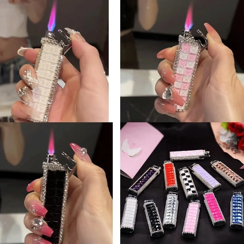 Red Flame Rhinestone Flash Lighter, Windproof Jet Flame, Inflatable Butane, Adjustable Flame, Suitable for Women. (Butane Not Included)(A)