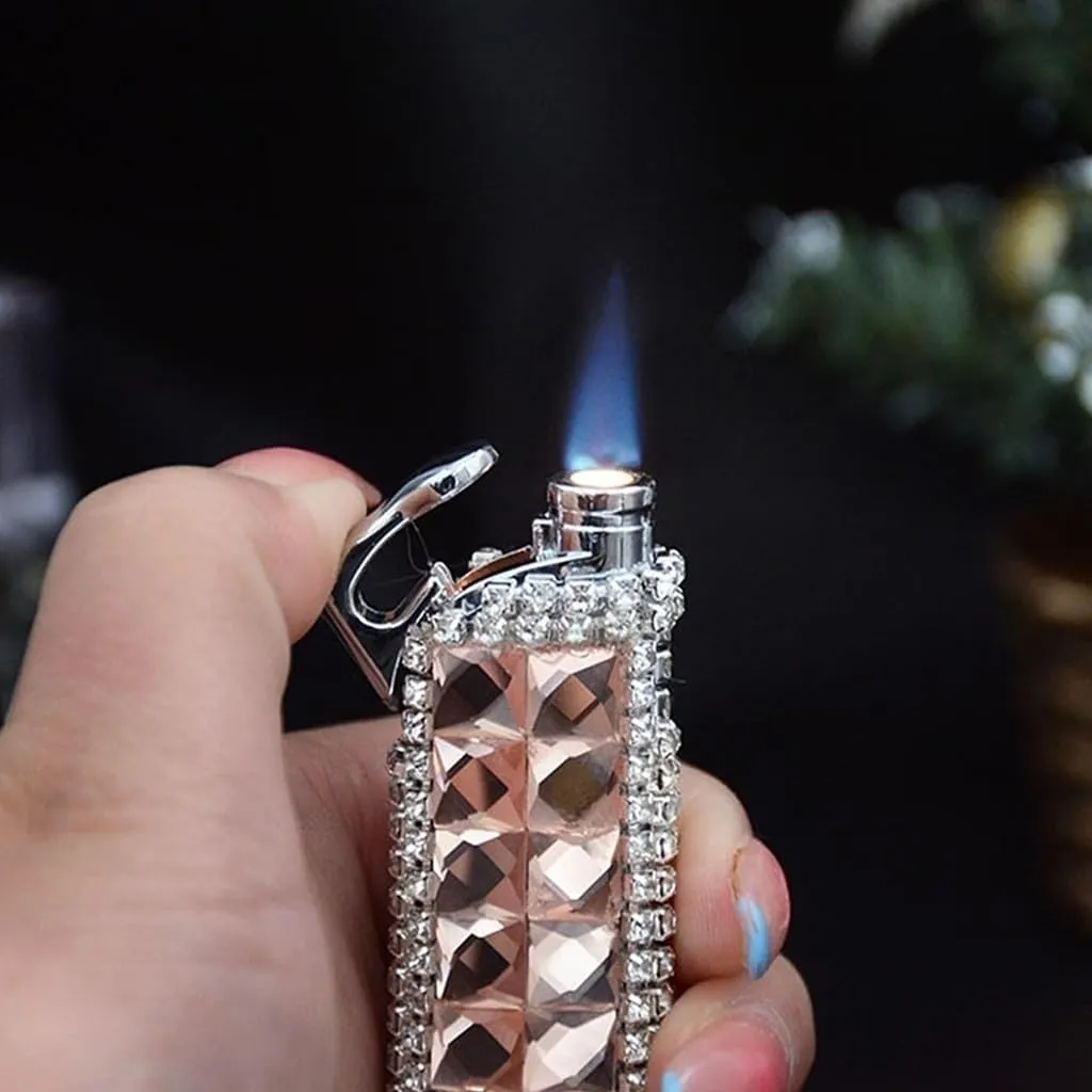 Red Flame Rhinestone Flash Lighter, Windproof Jet Flame, Inflatable Butane, Adjustable Flame, Suitable for Women. (Butane Not Included)(A)