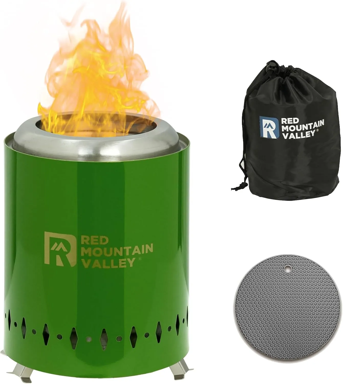 Red Mountain Valley Smokeless Tabletop Fire Pit with Mat, Portable Mini Low Smoke Camping Stove, with Travel Bag and Fireproof Mat, Stainless Steel Green, for Outdoor Enthusiasts