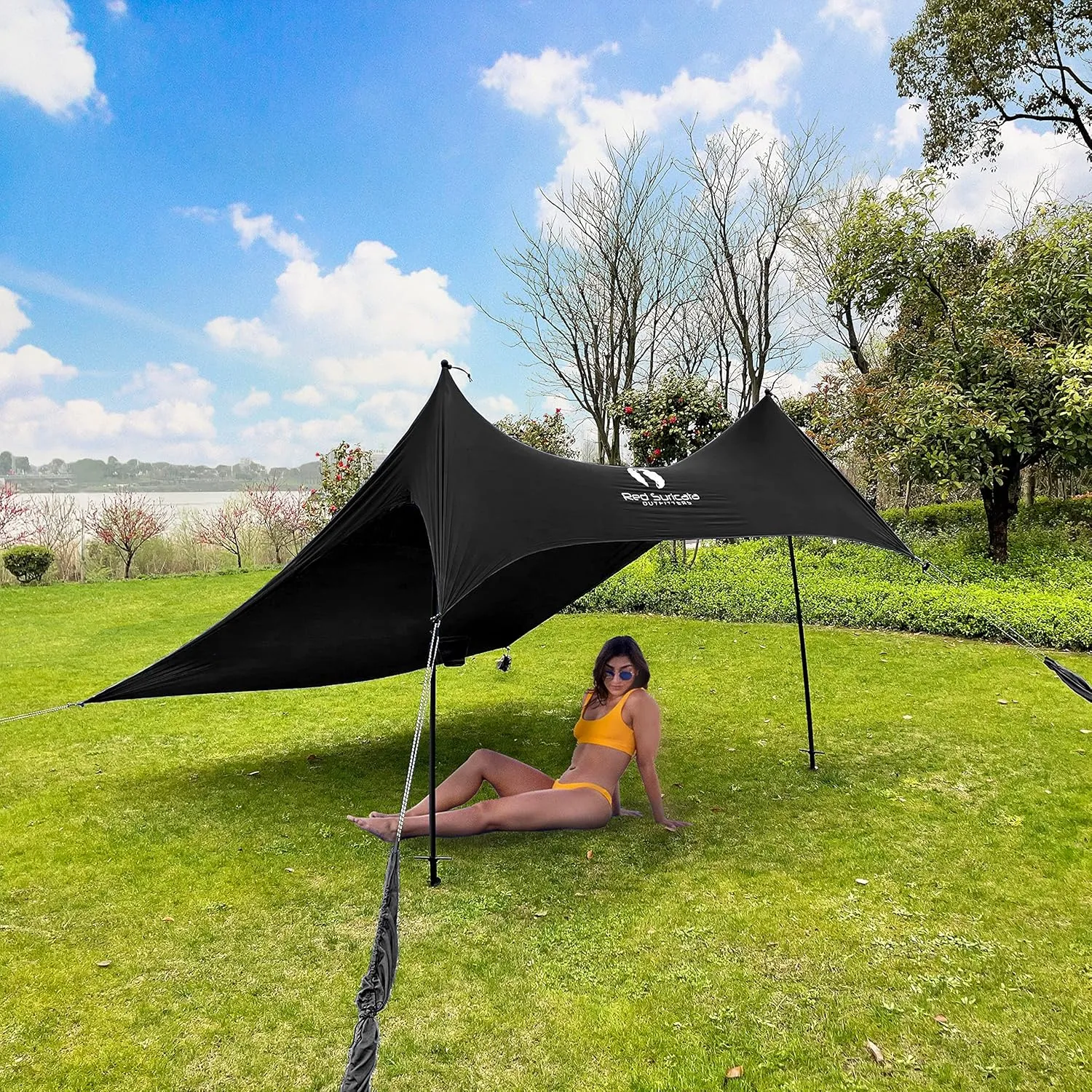 Red Suricata Premium Multi-Terrain Beach Tent & Beach Canopy in Backpack, UPF50 Sun Beach Shade, Pop Up Camping & Picnic Sunshade with 4 Poles, 4 Pole Anchors & 4 Tent Screws, Sun Shelter (Med Black)