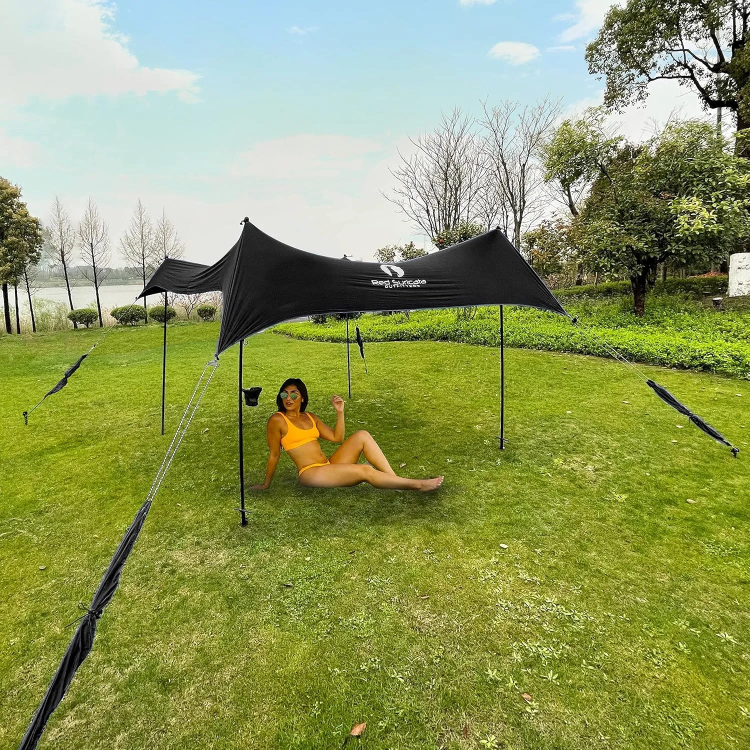 Red Suricata Premium Multi-Terrain Beach Tent & Beach Canopy in Backpack, UPF50 Sun Beach Shade, Pop Up Camping & Picnic Sunshade with 4 Poles, 4 Pole Anchors & 4 Tent Screws, Sun Shelter (Med Black)