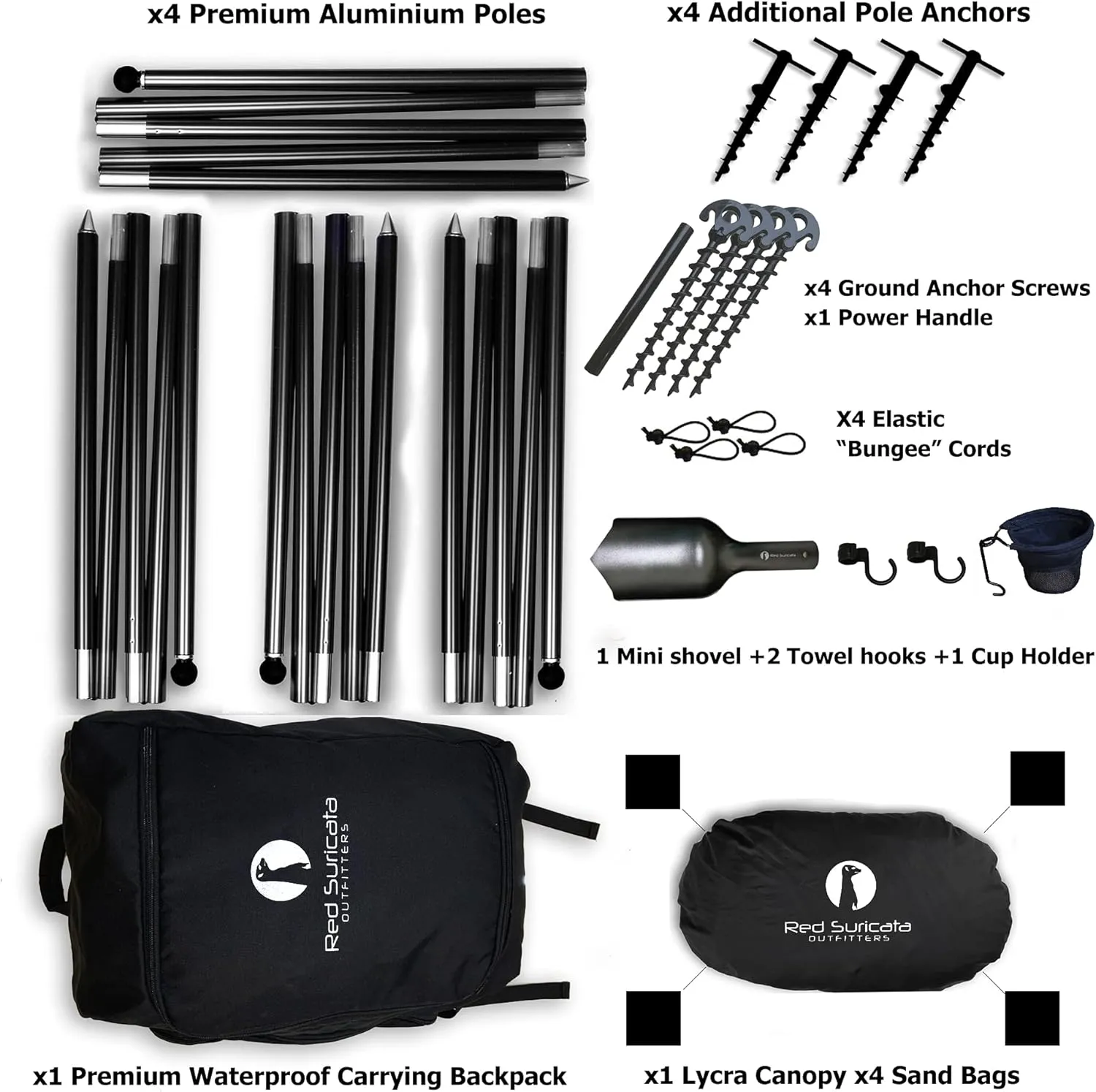 Red Suricata Premium Multi-Terrain Beach Tent & Beach Canopy in Backpack, UPF50 Sun Beach Shade, Pop Up Camping & Picnic Sunshade with 4 Poles, 4 Pole Anchors & 4 Tent Screws, Sun Shelter (Med Black)