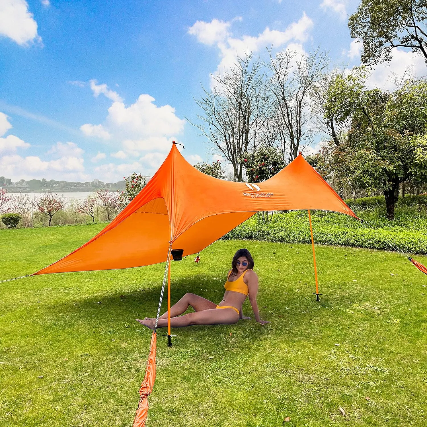 Red Suricata Premium Multi-Terrain Beach Tent & Beach Canopy in Backpack, UPF50 Sun Beach Shade, Pop Up Camping & Picnic Sunshade with 4 Poles, 4 Pole Anchors & 4 Tent Screws, Sun Shelter (Med Orange)