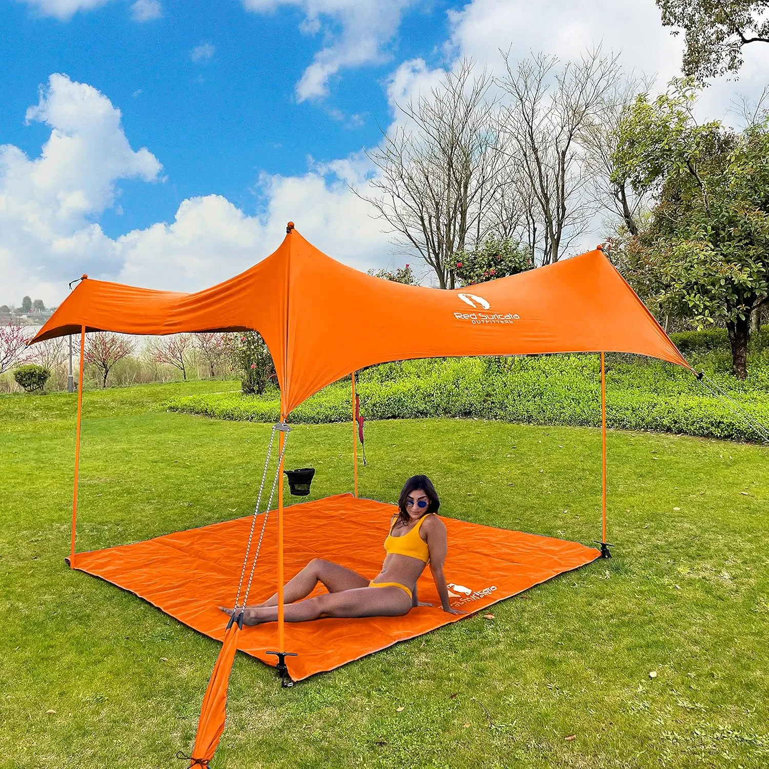 Red Suricata Premium Multi-Terrain Beach Tent & Beach Canopy in Backpack, UPF50 Sun Beach Shade, Pop Up Camping & Picnic Sunshade with 4 Poles, 4 Pole Anchors & 4 Tent Screws, Sun Shelter (Med Orange)