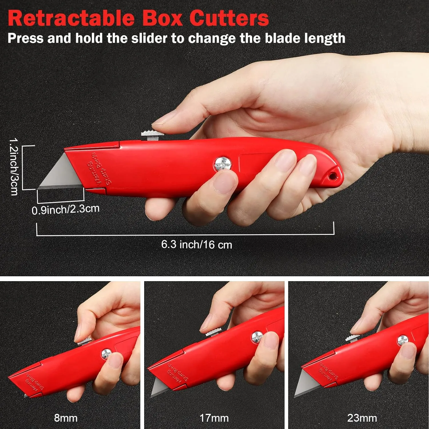 Reginary 30 Pcs Box Cutter Bulk Retractable Blade Utility Knife Heavy Duty Aluminum Alloy Razor Shell Knife for Cartons, Cardboard and Boxes, DIY, Factory, Home(Black, Yellow, Red)