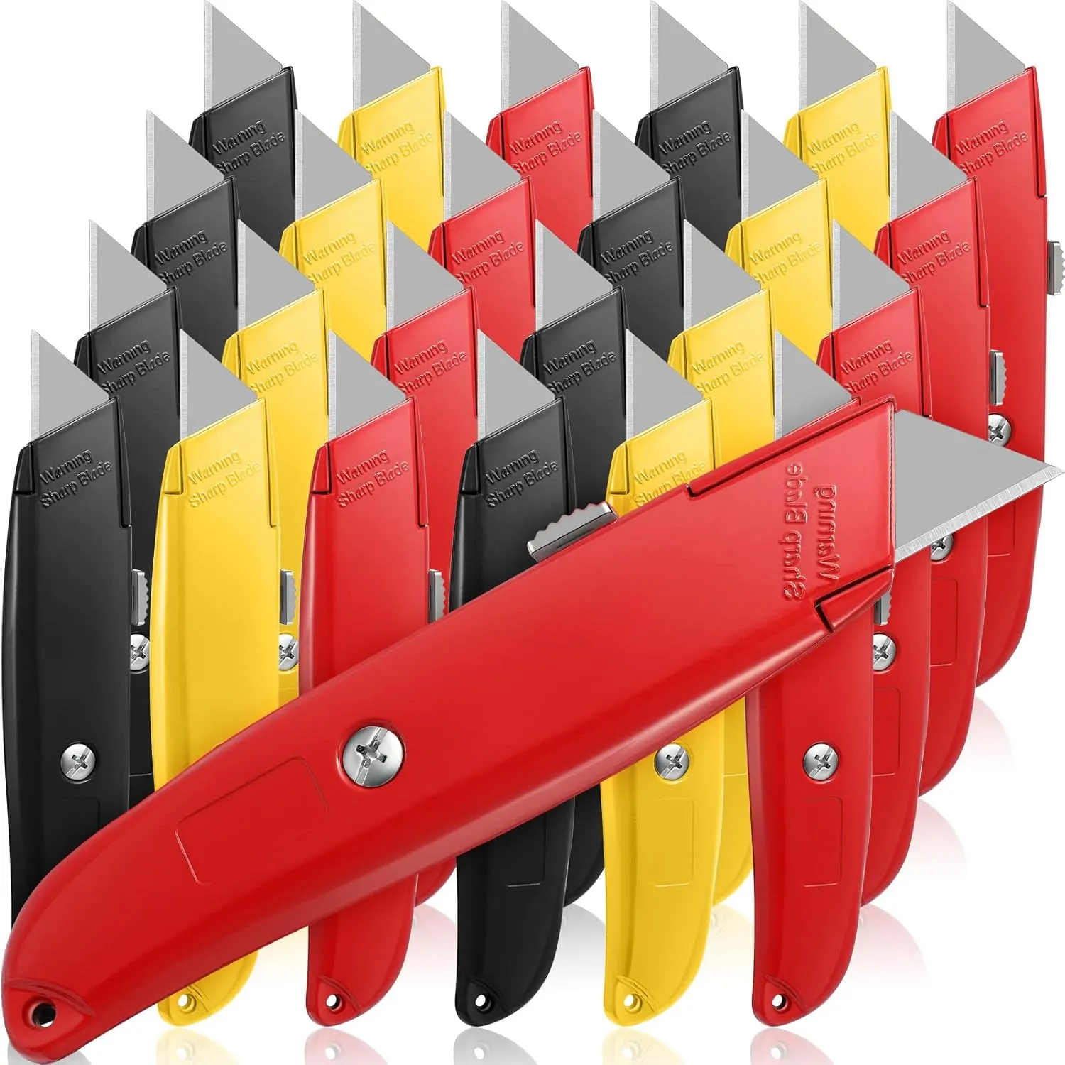 Reginary 30 Pcs Box Cutter Bulk Retractable Blade Utility Knife Heavy Duty Aluminum Alloy Razor Shell Knife for Cartons, Cardboard and Boxes, DIY, Factory, Home(Black, Yellow, Red)