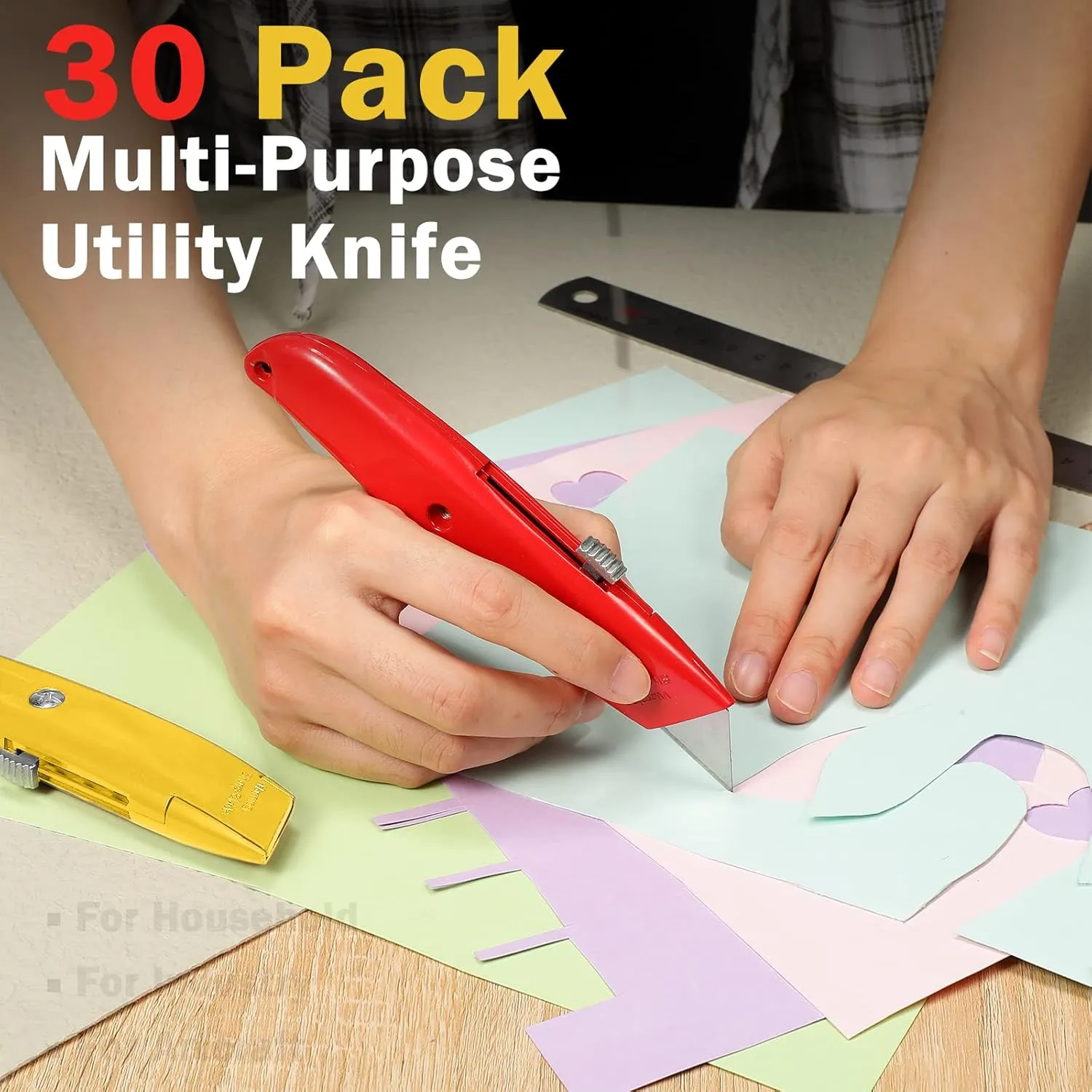 Reginary 30 Pcs Box Cutter Bulk Retractable Blade Utility Knife Heavy Duty Aluminum Alloy Razor Shell Knife for Cartons, Cardboard and Boxes, DIY, Factory, Home(Black, Yellow, Red)