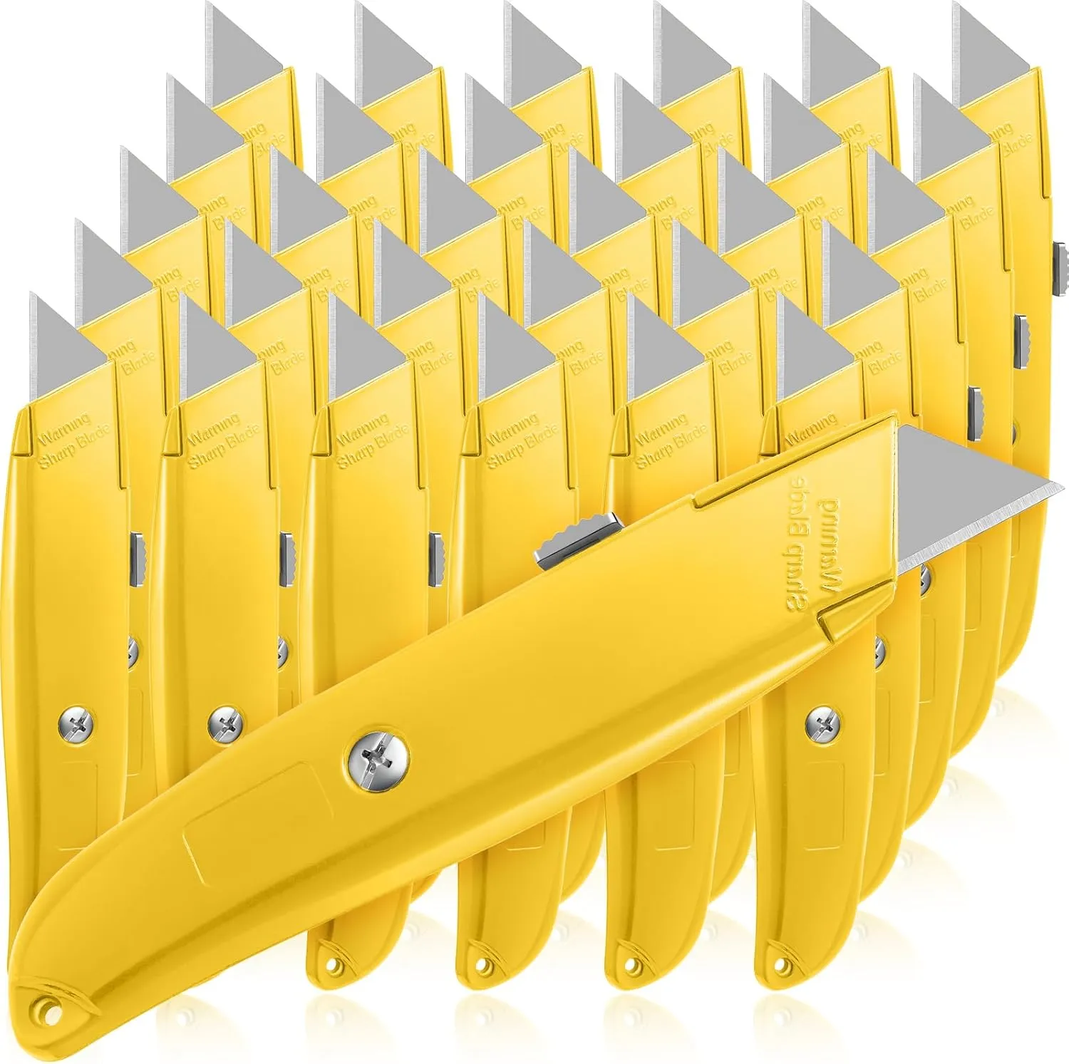 Reginary 30 Pcs Box Cutter Bulk Retractable Blade Utility Knife Heavy Duty Aluminum Alloy Razor Shell Knife for Cartons, Cardboard and Boxes, DIY, Factory, Home(Yellow)