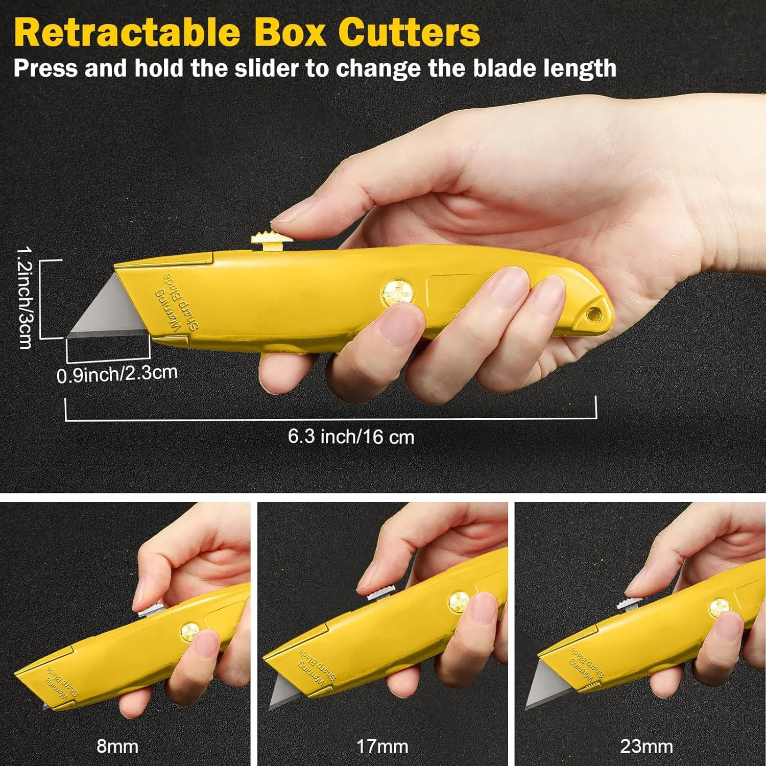 Reginary 30 Pcs Box Cutter Bulk Retractable Blade Utility Knife Heavy Duty Aluminum Alloy Razor Shell Knife for Cartons, Cardboard and Boxes, DIY, Factory, Home(Yellow)