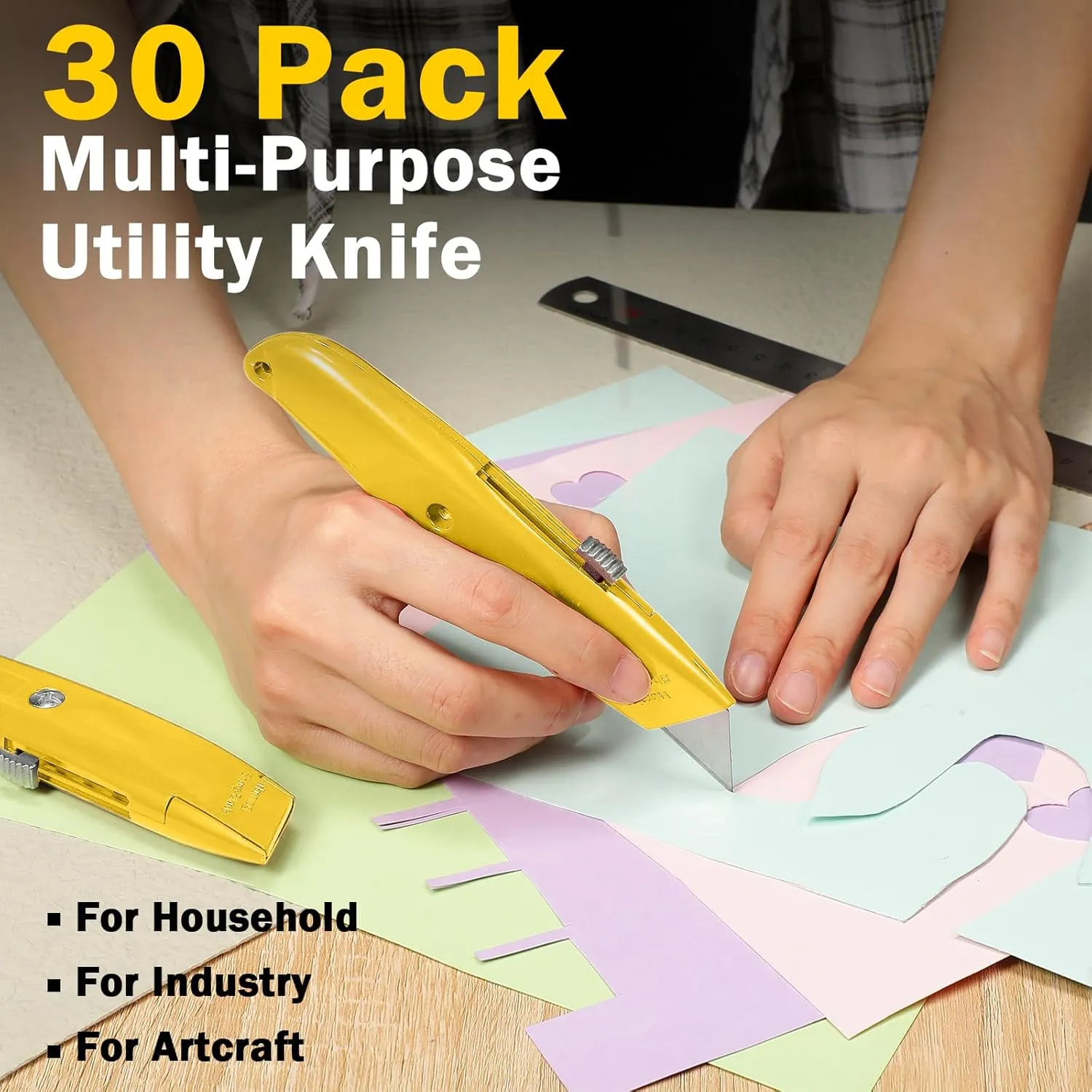 Reginary 30 Pcs Box Cutter Bulk Retractable Blade Utility Knife Heavy Duty Aluminum Alloy Razor Shell Knife for Cartons, Cardboard and Boxes, DIY, Factory, Home(Yellow)