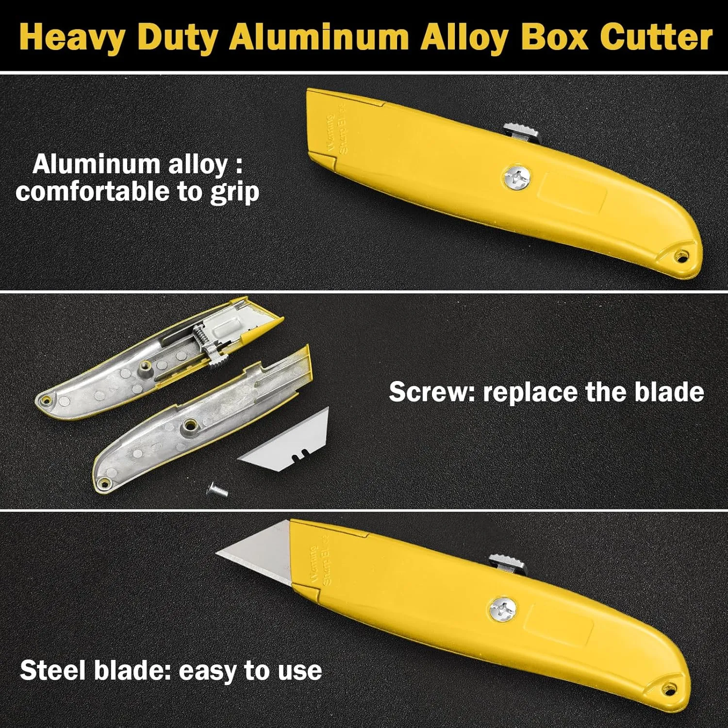 Reginary 30 Pcs Box Cutter Bulk Retractable Blade Utility Knife Heavy Duty Aluminum Alloy Razor Shell Knife for Cartons, Cardboard and Boxes, DIY, Factory, Home(Yellow)