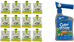 RESCUE! Outdoor Disposable Hanging Fly Trap (12 Traps) and Cutter Backyard Bug Control Spray Concentrate, 32 fl Oz