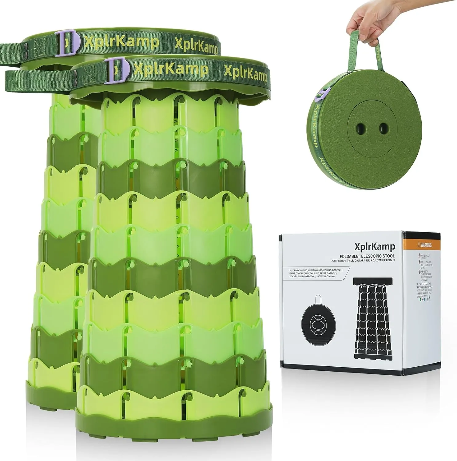 Retractable Folding Stool - Heavy Duty 400 lb Collapsible Portable Stool for Camping, Hiking, Fishing, Indoor/Outdoor with Non-Slip Base and Lightweight Design (Light Green, 2-Pack)