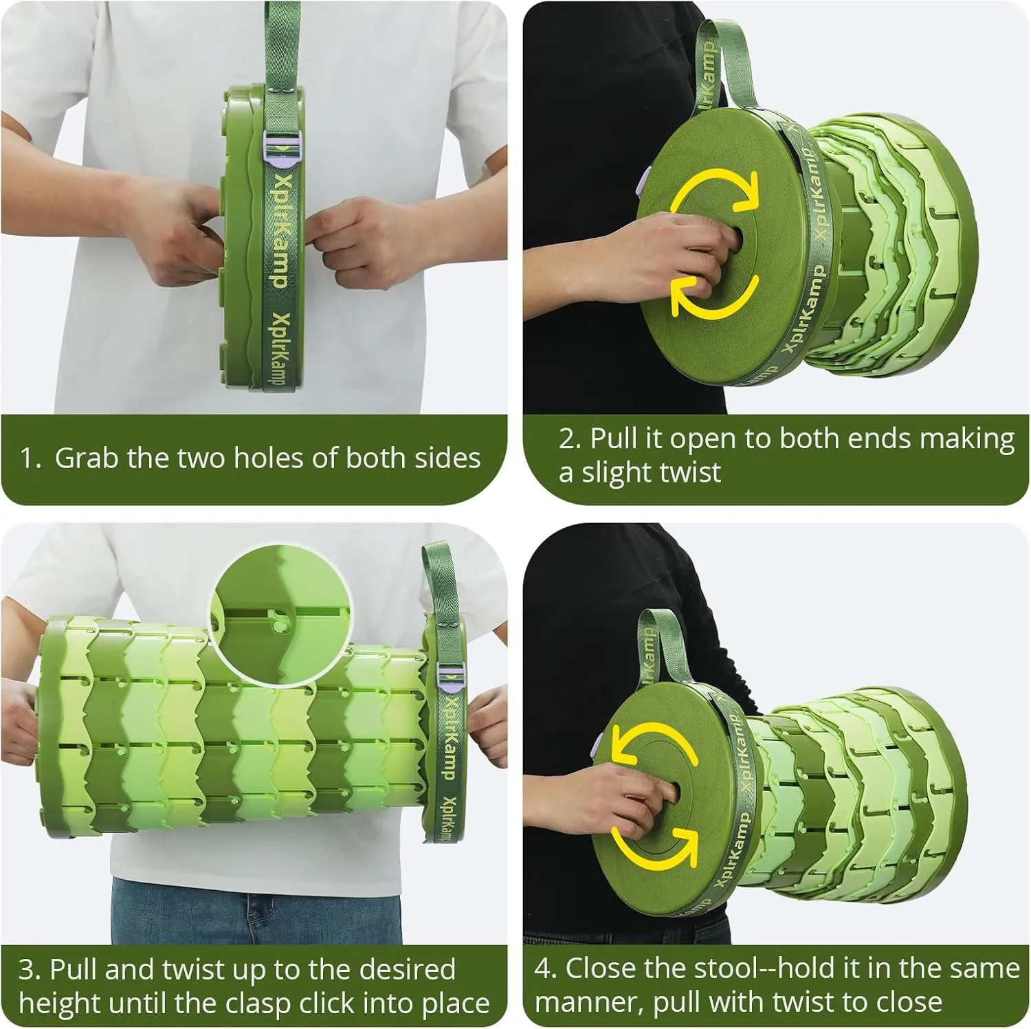 Retractable Folding Stool - Heavy Duty 400 lb Collapsible Portable Stool for Camping, Hiking, Fishing, Indoor/Outdoor with Non-Slip Base and Lightweight Design (Light Green, 2-Pack)