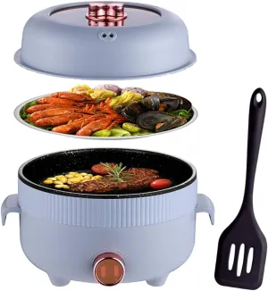 RHD Electric Hot Pot 2.2L with Steamer, Portable Non-Stick Frying Pan, Portable Travel Cooker for Roast/Ramen/Fondue/Soup for Dorm/Camping/Home, Dual Power Control, Over-Heating Protection, Grey