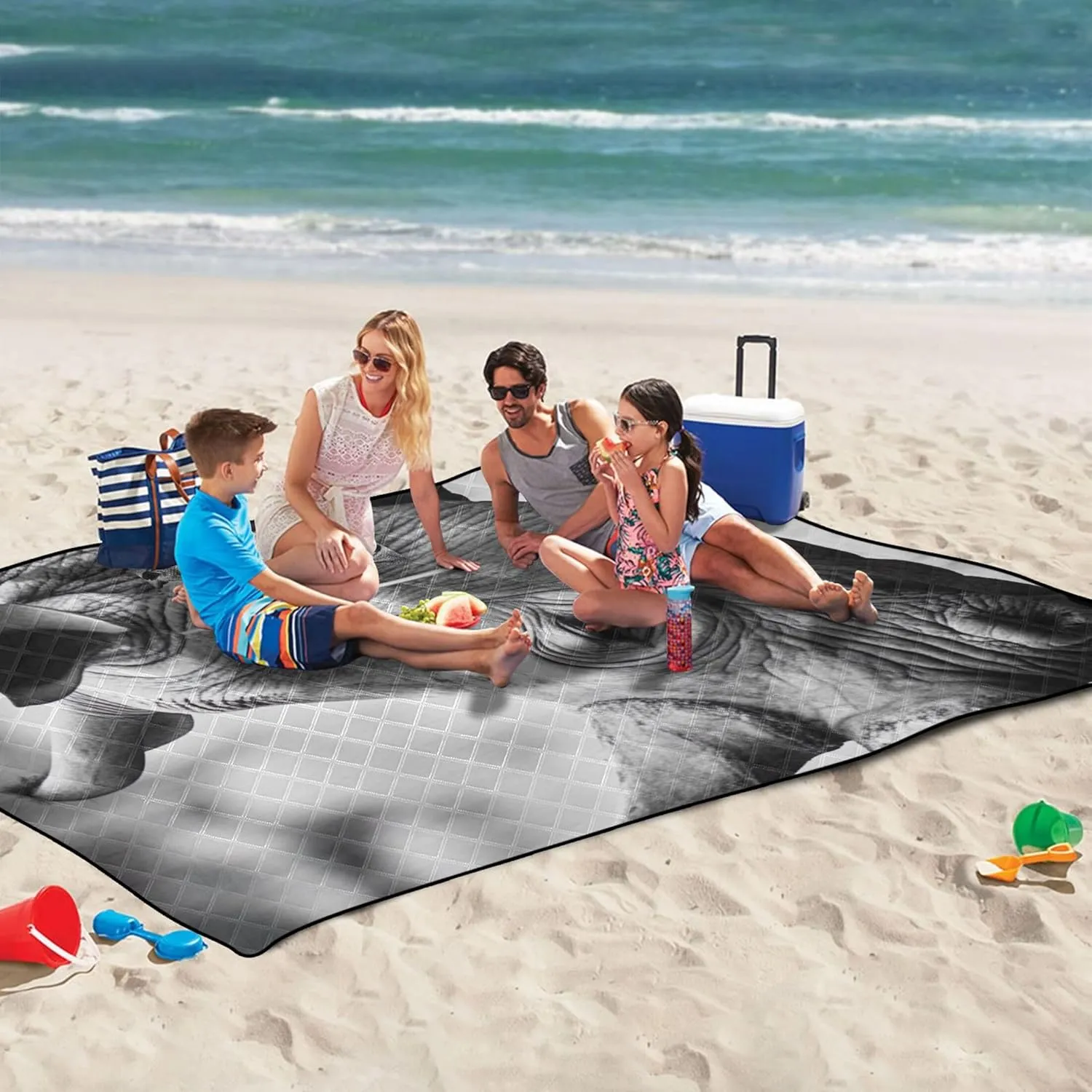 Rhino Black White Photo Rhino Sand Blankets for Beach Sandproof Cute Picnic Essentials Foldable Outdoor Camping Grass Mat 80" x 60"