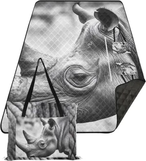 Rhino Black White Photo Rhino Sand Blankets for Beach Sandproof Cute Picnic Essentials Foldable Outdoor Camping Grass Mat 80" x 60"