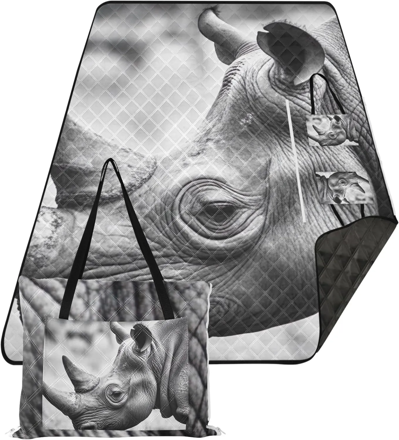 Rhino Black White Photo Rhino Sand Blankets for Beach Sandproof Cute Picnic Essentials Foldable Outdoor Camping Grass Mat 80" x 60"