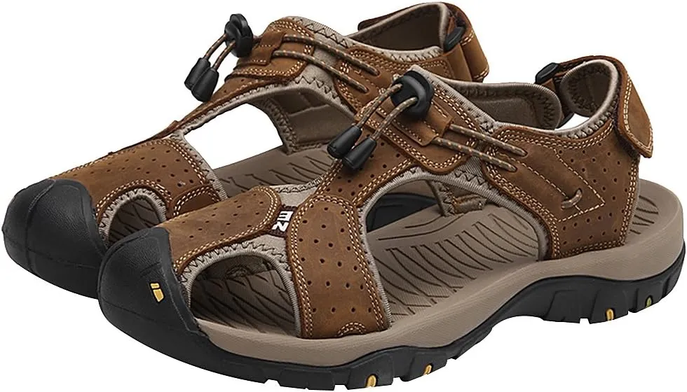 rismart Men's Closed Toe Walking Fastening Trekking Sport Shoes Suede Leather Sandals