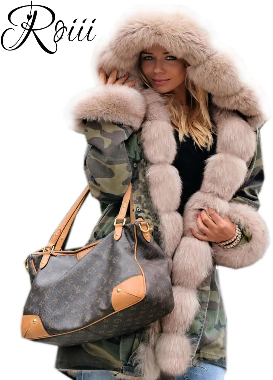 Roiii Women Thicken Warm Winter Coat Hood Down Parka Fleece Fur Outdoor Overcoat Long Jacket Outwear