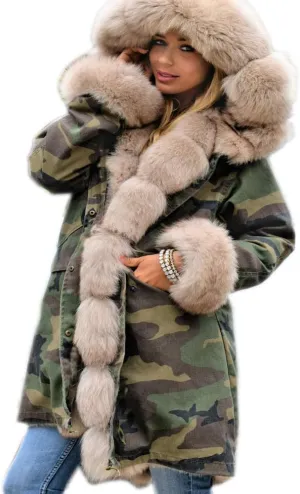 Roiii Women Thicken Warm Winter Coat Hood Down Parka Fleece Fur Outdoor Overcoat Long Jacket Outwear