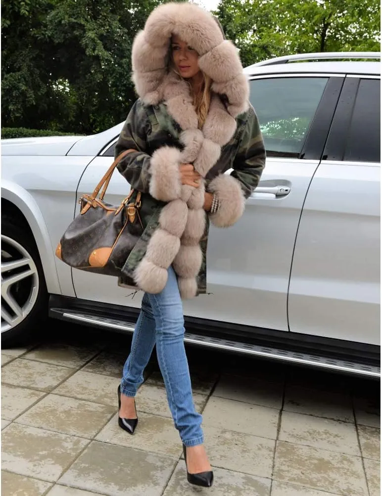 Roiii Women Thicken Warm Winter Coat Hood Down Parka Fleece Fur Outdoor Overcoat Long Jacket Outwear