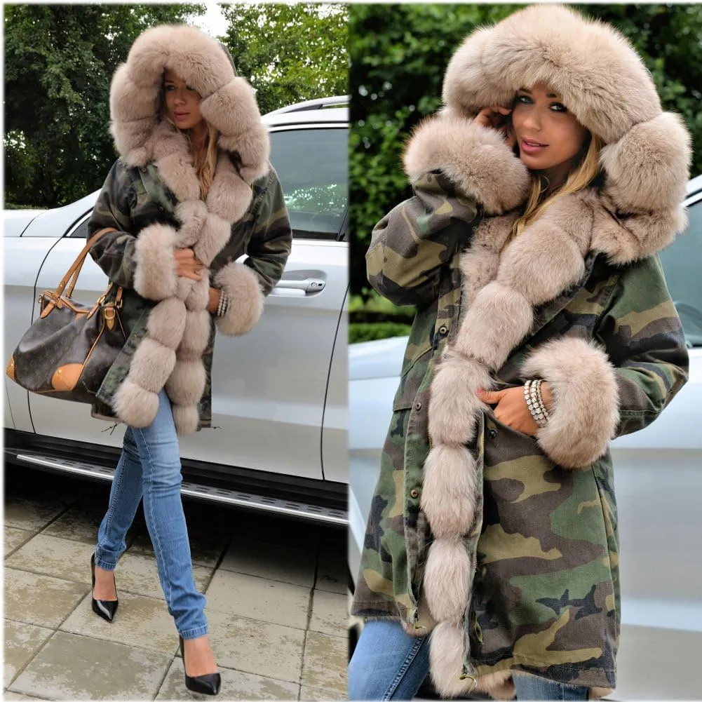 Roiii Women Thicken Warm Winter Coat Hood Down Parka Fleece Fur Outdoor Overcoat Long Jacket Outwear