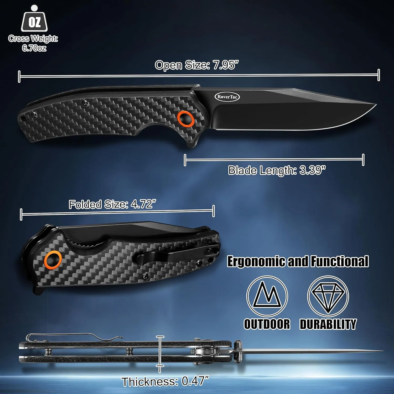 RoverTac Pocket Folding Knife, D2 Stainless Steel Blade with Carbon Fiber Handle Liner Lock Pocket Clip, Perfect for Camping Hiking EDC, Gifts for Men Christmas Gifts