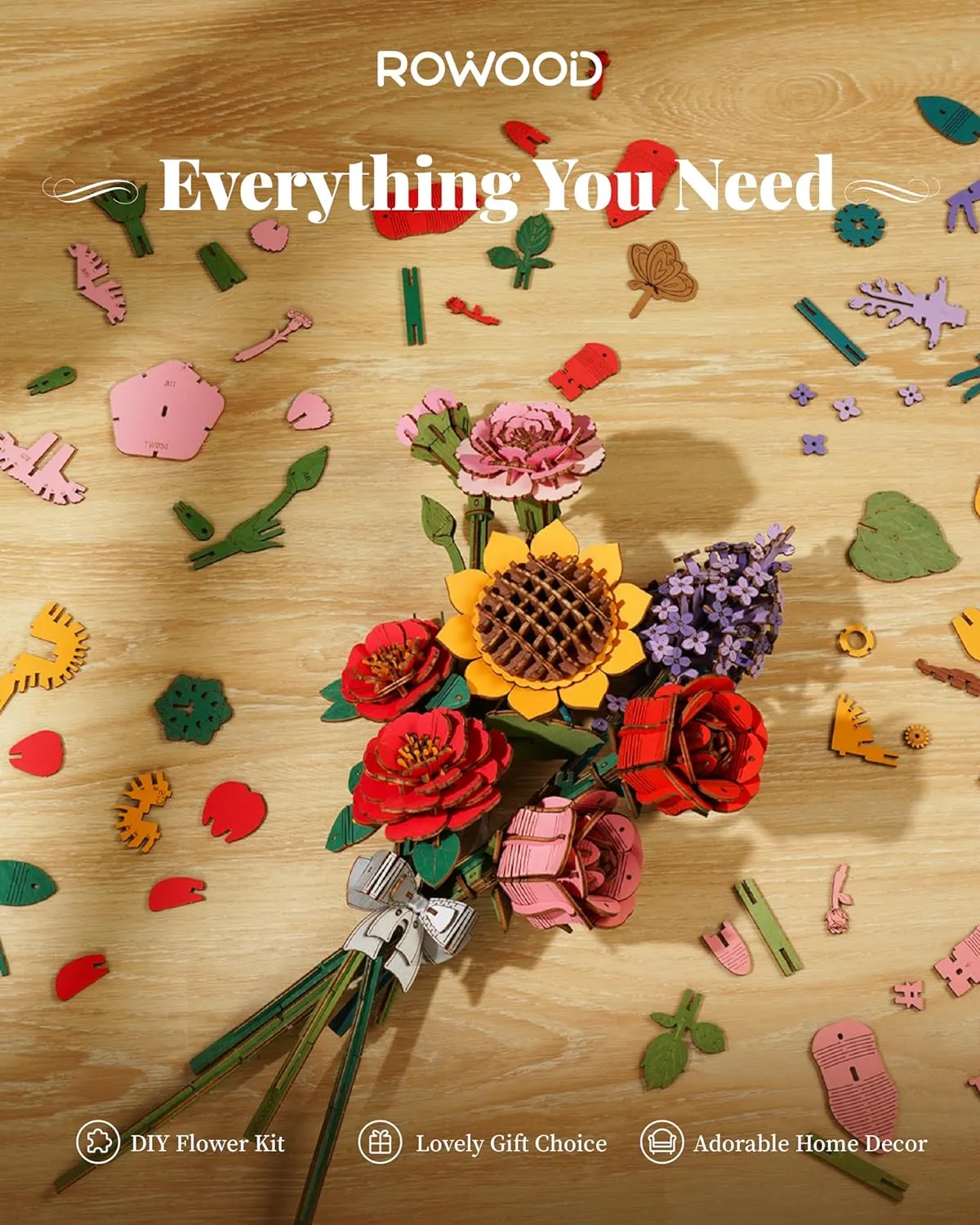 rowood Artifical Flower,Wood Flower Building Toy Set,Mother's Day/Valentine's Day/Teacher's Day/Thanksgiving Day/Christmas/Birthday Gift for Mom/Women/Grandma/Wife/Her-Pink Rose, TW041