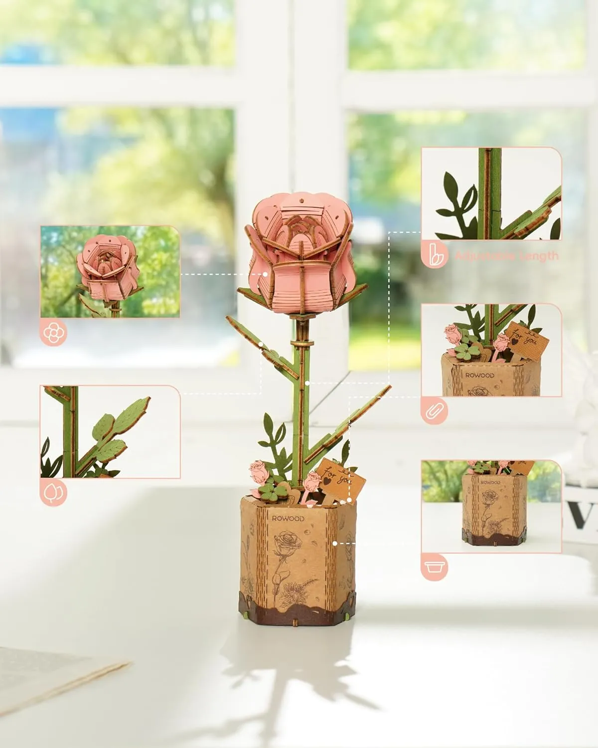 rowood Artifical Flower,Wood Flower Building Toy Set,Mother's Day/Valentine's Day/Teacher's Day/Thanksgiving Day/Christmas/Birthday Gift for Mom/Women/Grandma/Wife/Her-Pink Rose, TW041