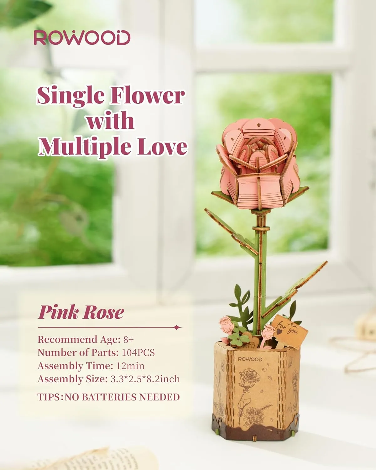 rowood Artifical Flower,Wood Flower Building Toy Set,Mother's Day/Valentine's Day/Teacher's Day/Thanksgiving Day/Christmas/Birthday Gift for Mom/Women/Grandma/Wife/Her-Pink Rose, TW041