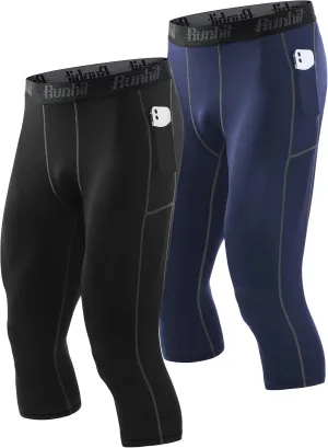 Runhit 3/4 Men's Compression Pants with Pockets,Workout Athletic Tights Leggings Athletic Base Layer Underwear