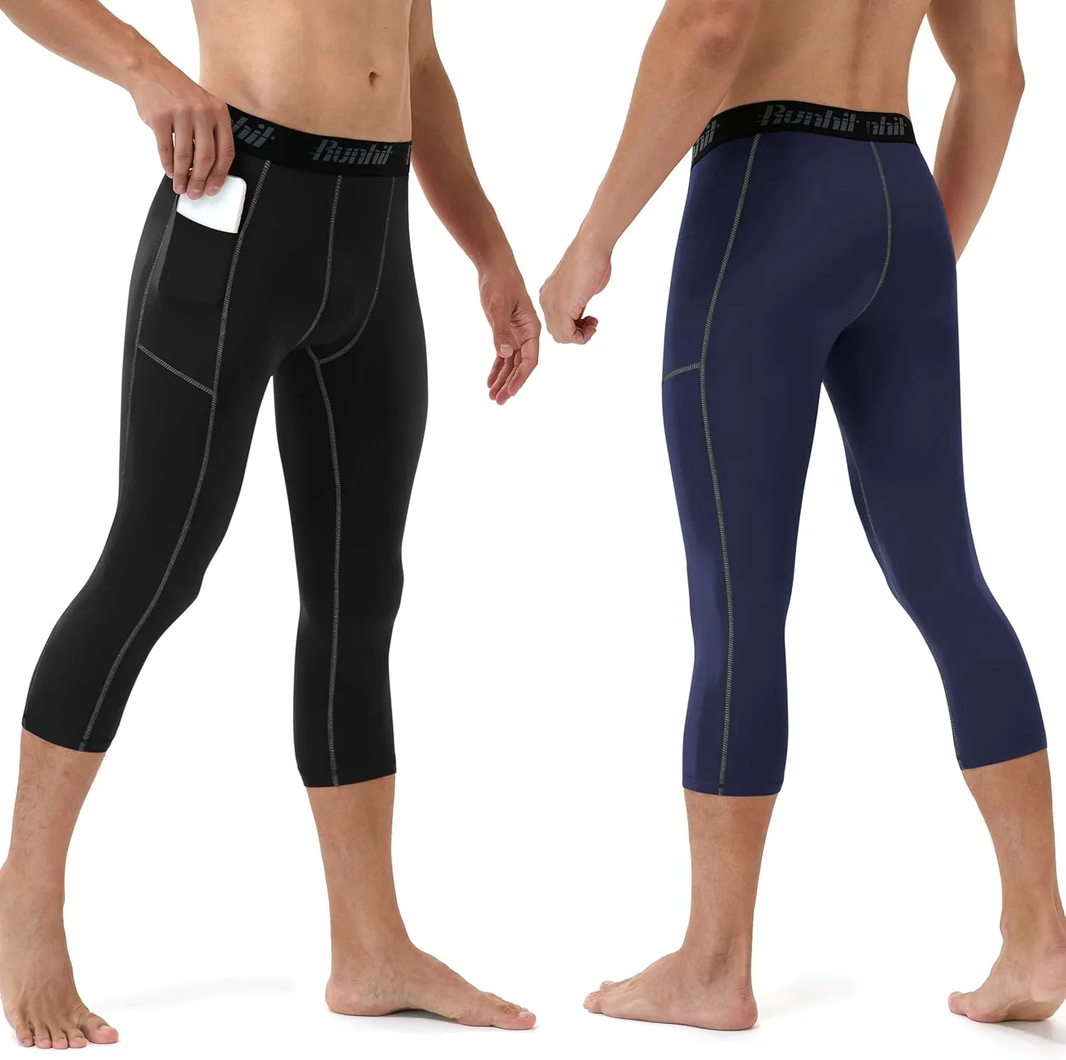 Runhit 3/4 Men's Compression Pants with Pockets,Workout Athletic Tights Leggings Athletic Base Layer Underwear