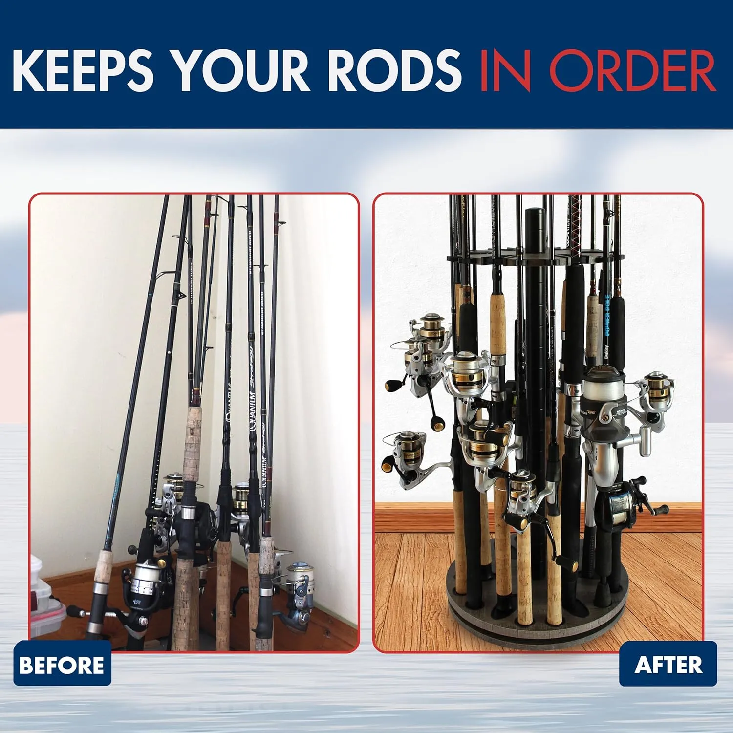 Rush Creek Creations Fishing Rod Holder - 360 Spinning Rack for Garage Organization and Storage, Pole Holder for Reels, Gear, Accessories, Tackle Box