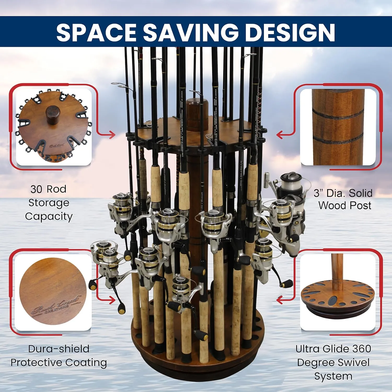 Rush Creek Creations Fishing Rod Holder - 360 Spinning Rack for Garage Organization and Storage, Pole Holder for Reels, Gear, Accessories, Tackle Box