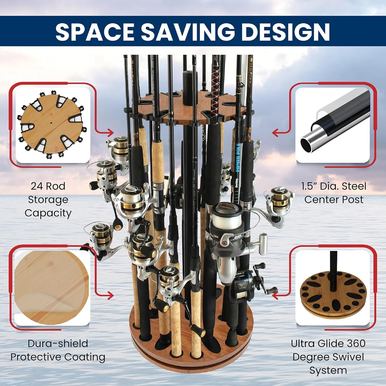 Rush Creek Creations Fishing Rod Holder - 360 Spinning Rack for Garage Organization and Storage, Pole Holder for Reels, Gear, Accessories, Tackle Box