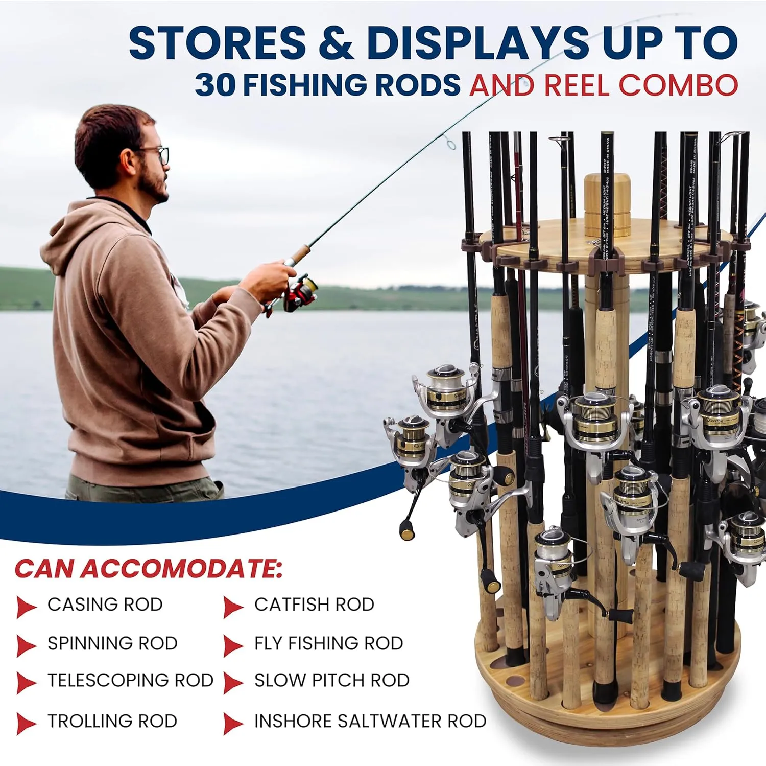 Rush Creek Creations Fishing Rod Holder - 360 Spinning Rack for Garage Organization and Storage, Pole Holder for Reels, Gear, Accessories, Tackle Box