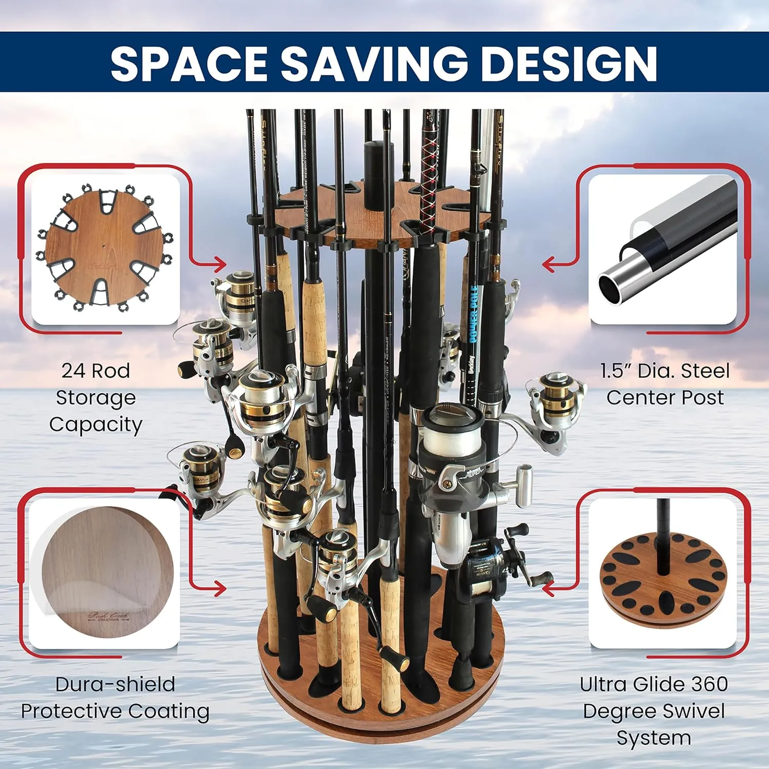 Rush Creek Creations Fishing Rod Holder - 360 Spinning Rack for Garage Organization and Storage, Pole Holder for Reels, Gear, Accessories, Tackle Box