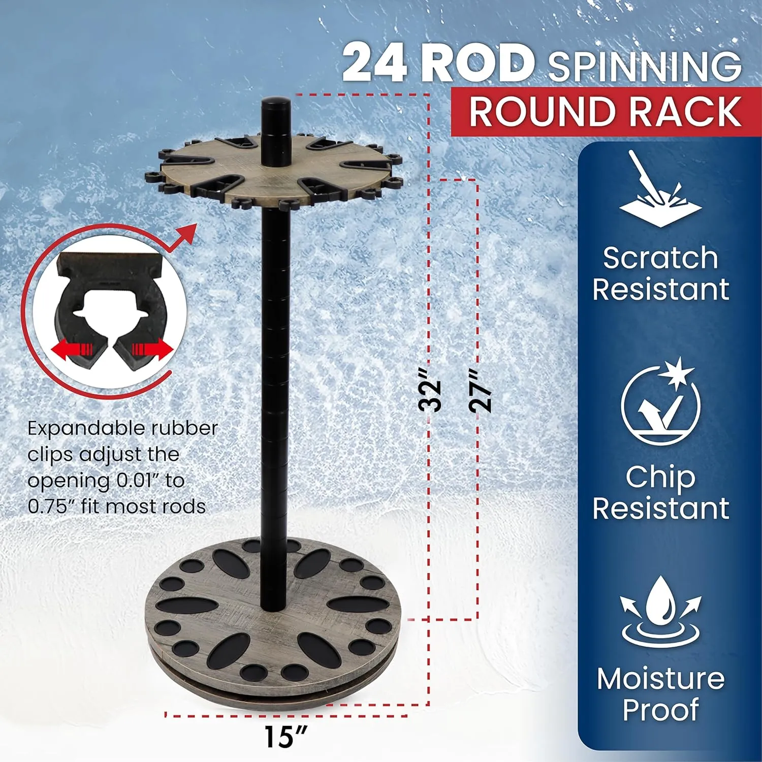 Rush Creek Creations Fishing Rod Holder - 360 Spinning Rack for Garage Organization and Storage, Pole Holder for Reels, Gear, Accessories, Tackle Box