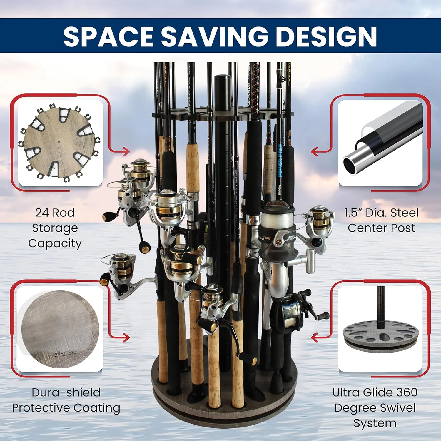Rush Creek Creations Fishing Rod Holder - 360 Spinning Rack for Garage Organization and Storage, Pole Holder for Reels, Gear, Accessories, Tackle Box