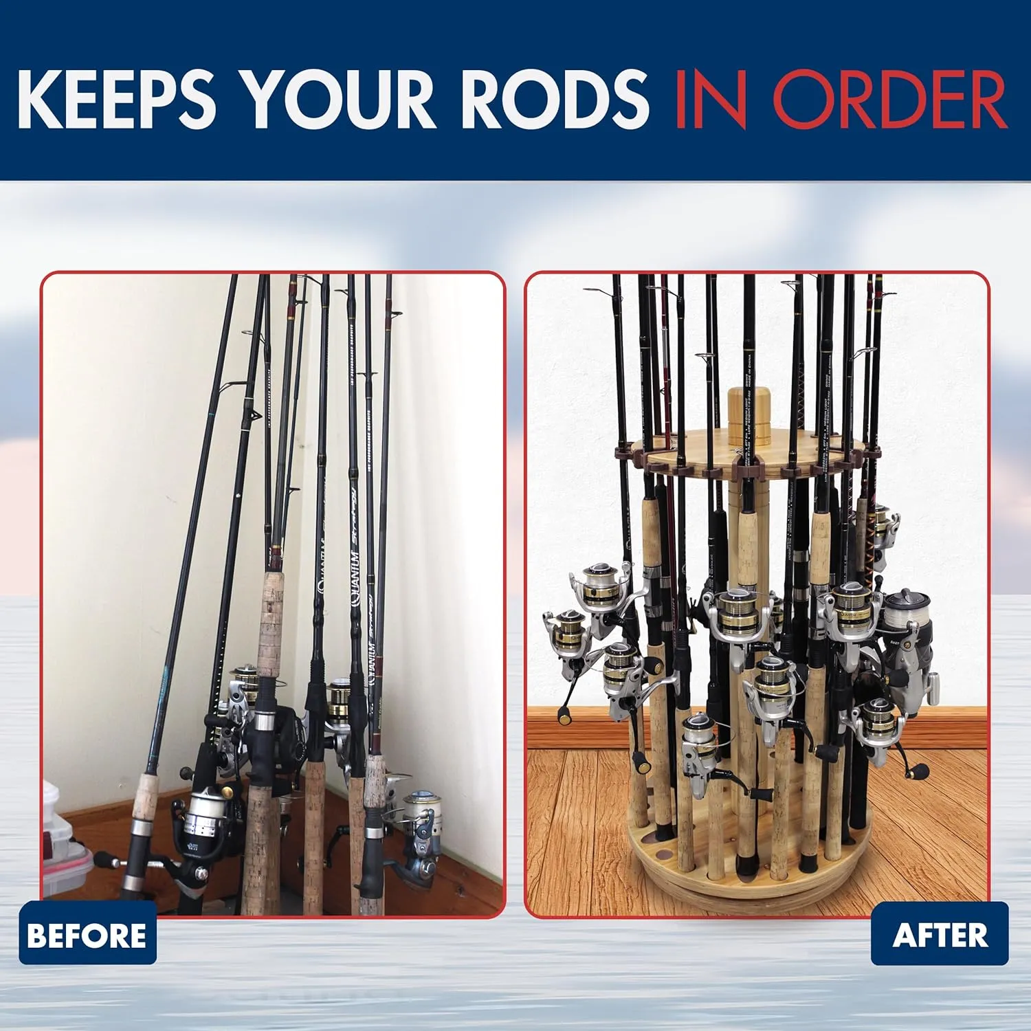 Rush Creek Creations Fishing Rod Holder - 360 Spinning Rack for Garage Organization and Storage, Pole Holder for Reels, Gear, Accessories, Tackle Box