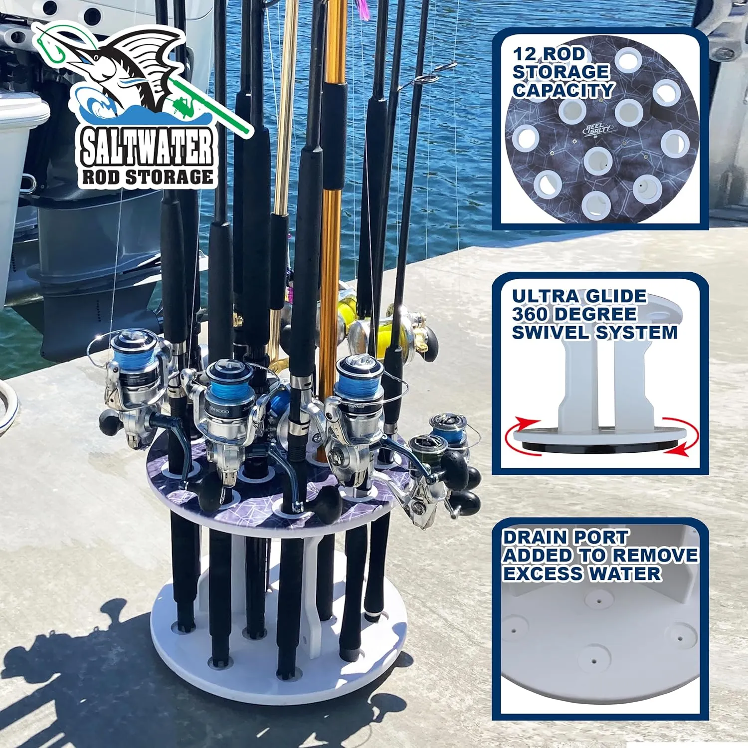 Rush Creek Creations Reel Salty Waterproof Marine Grade 16 Rolling Fishing Rod Holder Dock/Garage Storage Rack, Father's Day Gift, Gift for Dad and Grandpa, Gray/White, 29.8" L x 11.6" W x 30.9" H