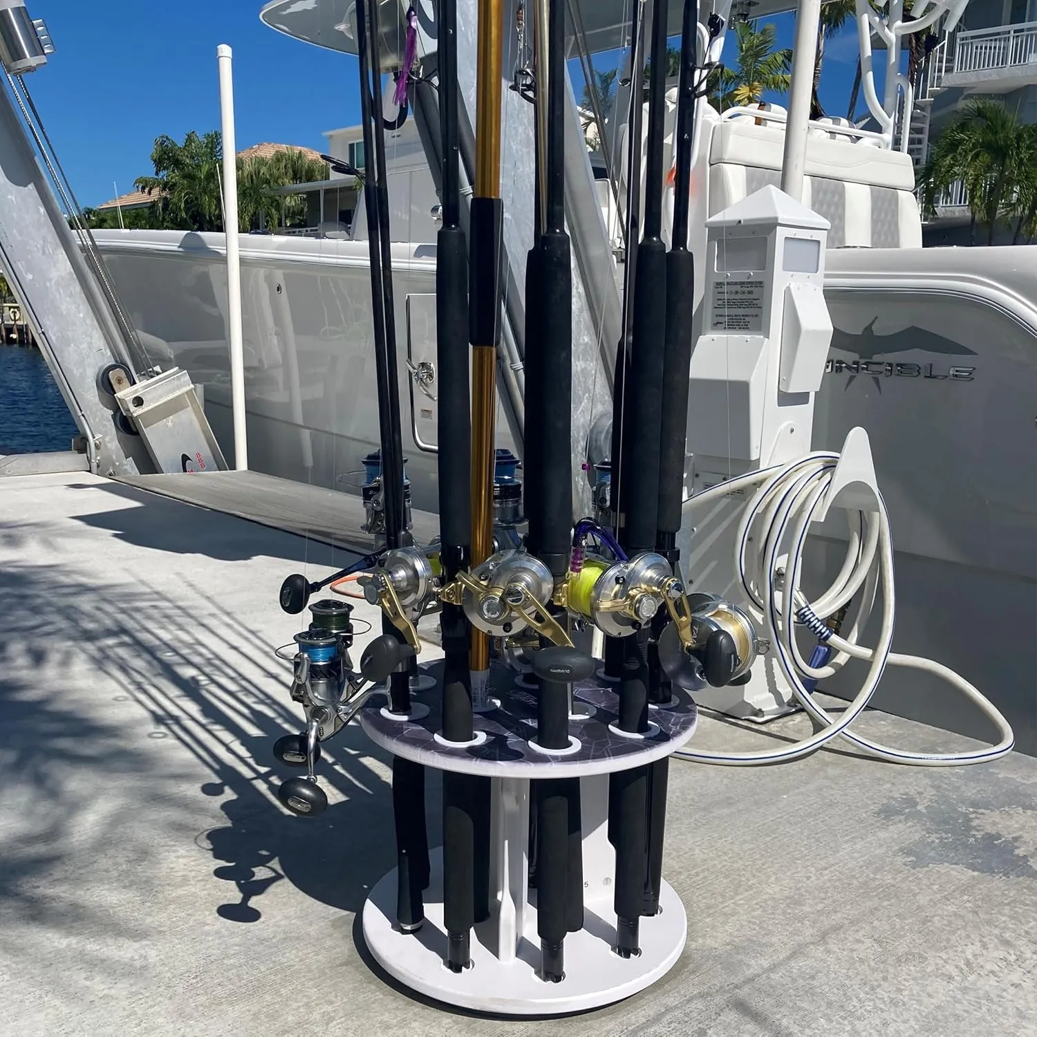 Rush Creek Creations Reel Salty Waterproof Marine Grade 16 Rolling Fishing Rod Holder Dock/Garage Storage Rack, Father's Day Gift, Gift for Dad and Grandpa, Gray/White, 29.8" L x 11.6" W x 30.9" H
