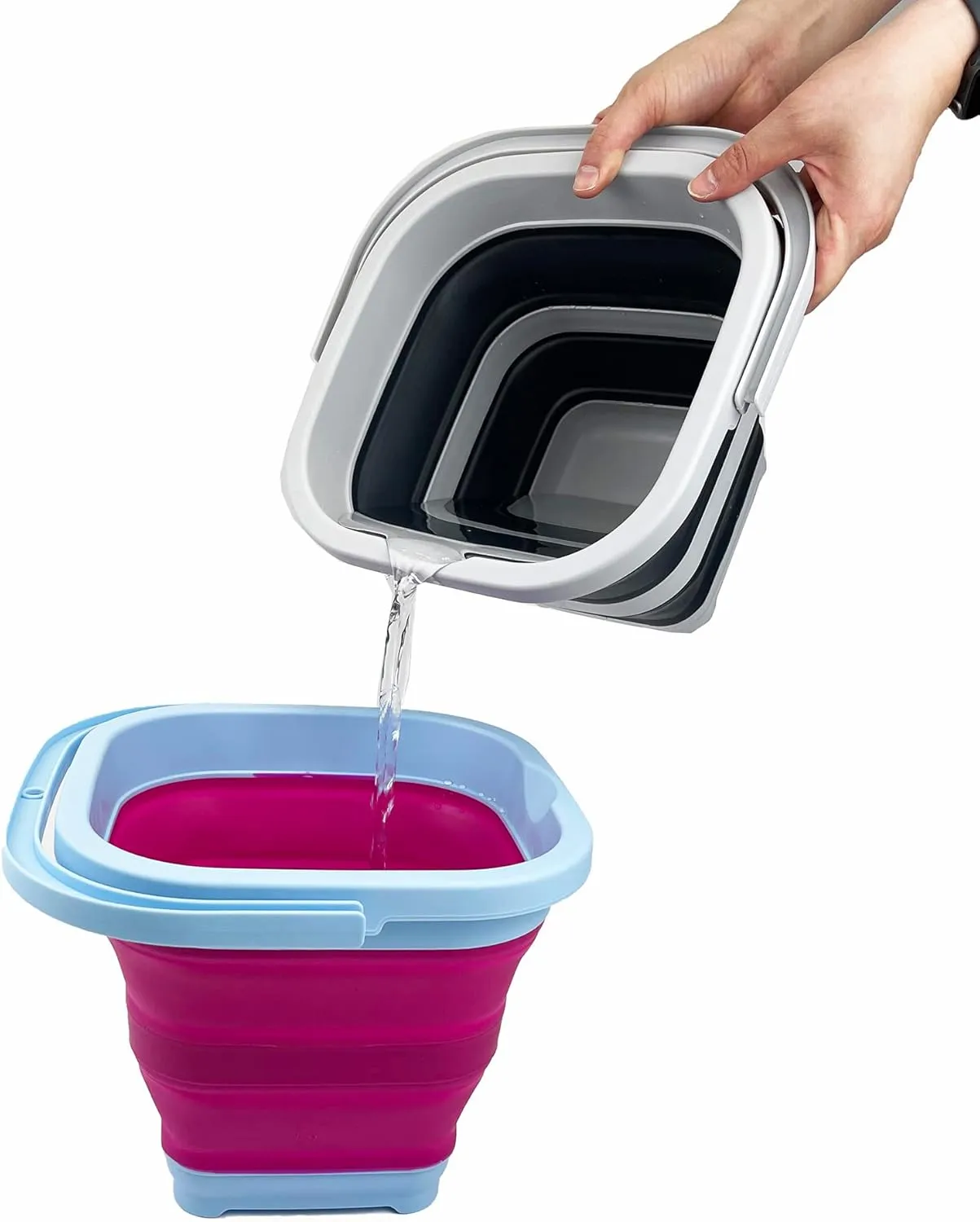 SAMMART Collapsible Rectangular Cleaning Bucket 5L (1.3 Gallon)- Foldable Camping Beach Sand Water Pot Pail- Portable Space Saving Tub for Household, Outdoor Washing (Cool Blue/Flamingo (Set of 2))
