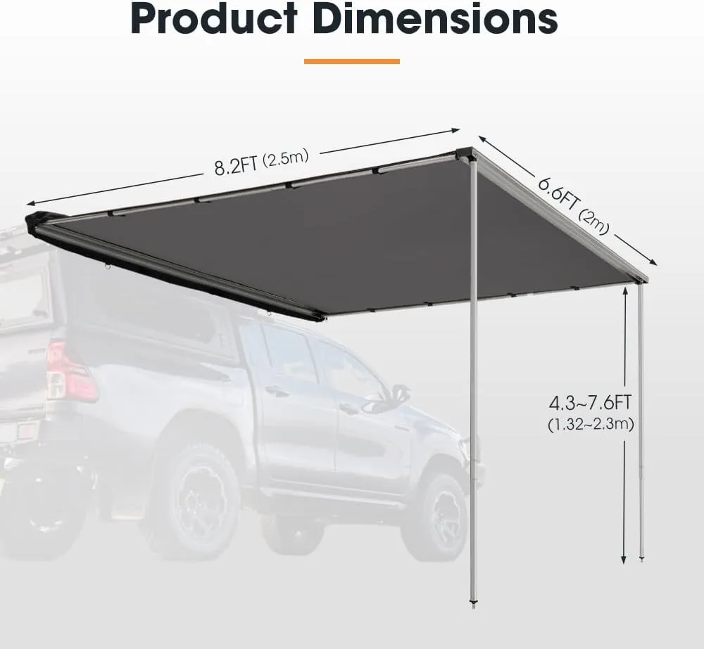 SanHima Vehicle Awning 6.6ft x 8.2ft - Roof Rack Pull Out Side Awning 54ft² Sun Shade UPF50  Weatherproof for Camping Car SUV Truck Van