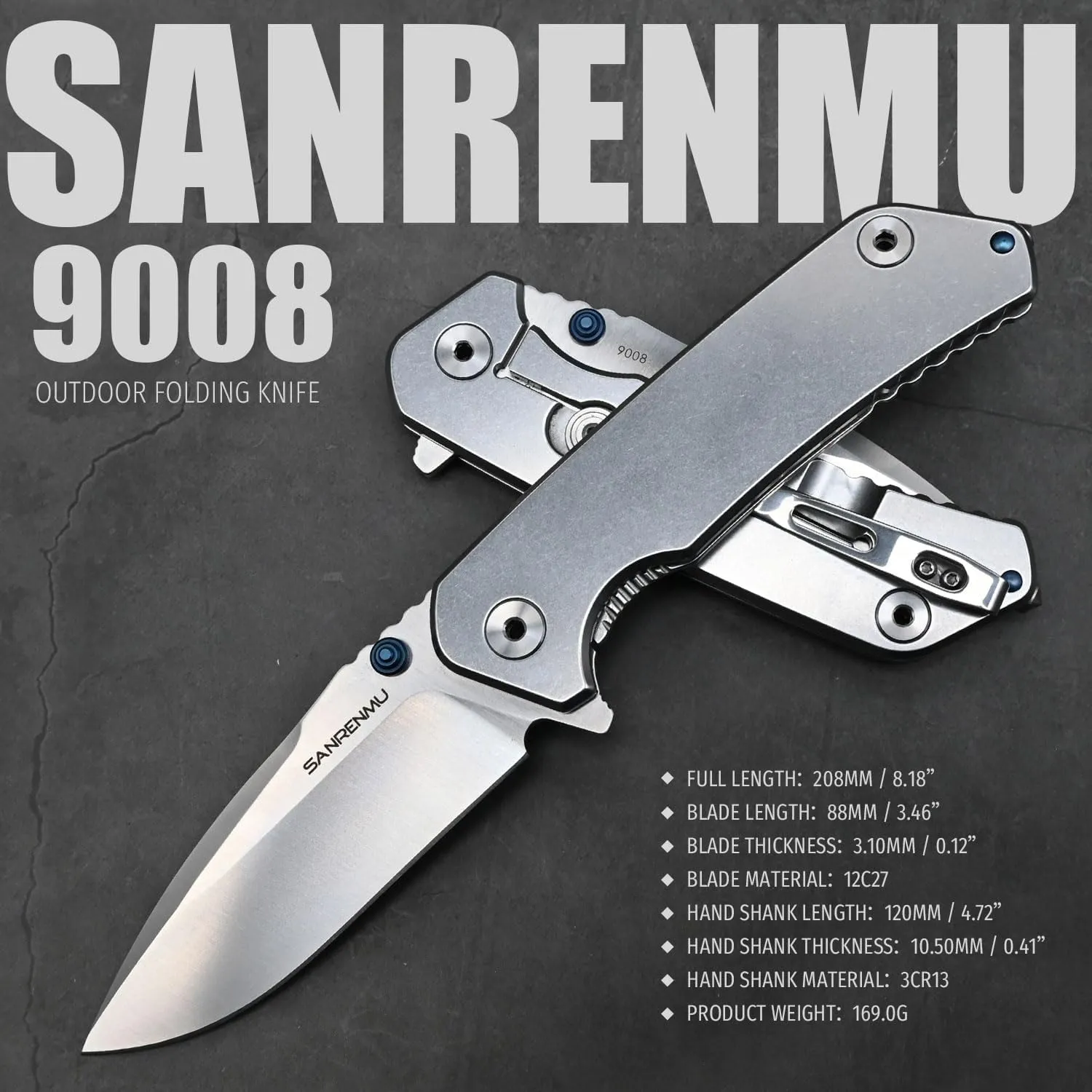 SANRENMU SRM 9008 Outdoor Folding Knife 12c27 Blade Hiking Adventure Camping Picnic Wilderness Survival Hunting Fishing EDC Portable Folding Knife (9008（Silver）)
