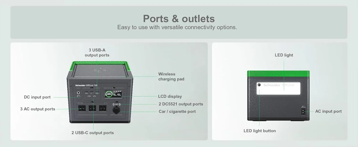 Schneider OffGrid Portable Power Station 700W PPS730 with 100W Portable Solar Panel PSP100 for Outdoor Camping RV Home Backup